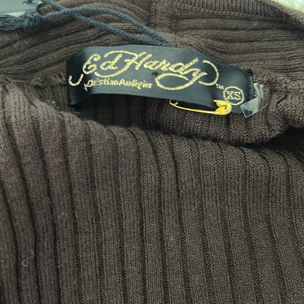 Ed Hardy Brown Ribbed Rhinestone Cold Shoulder Sweater - Picture 12 of 12